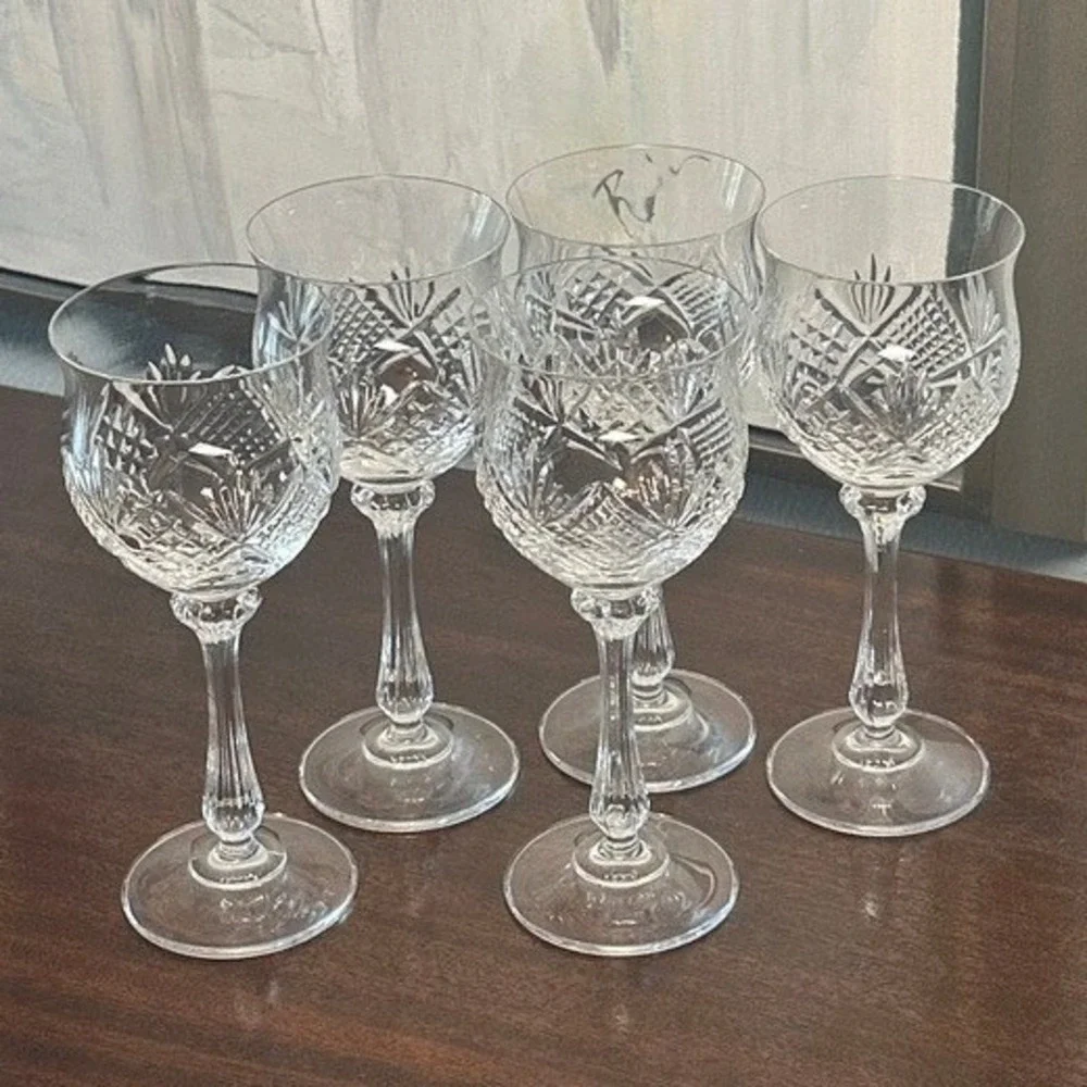 Vintage Cut Crystal Water Goblets Set of 5 Diamond Fan 7